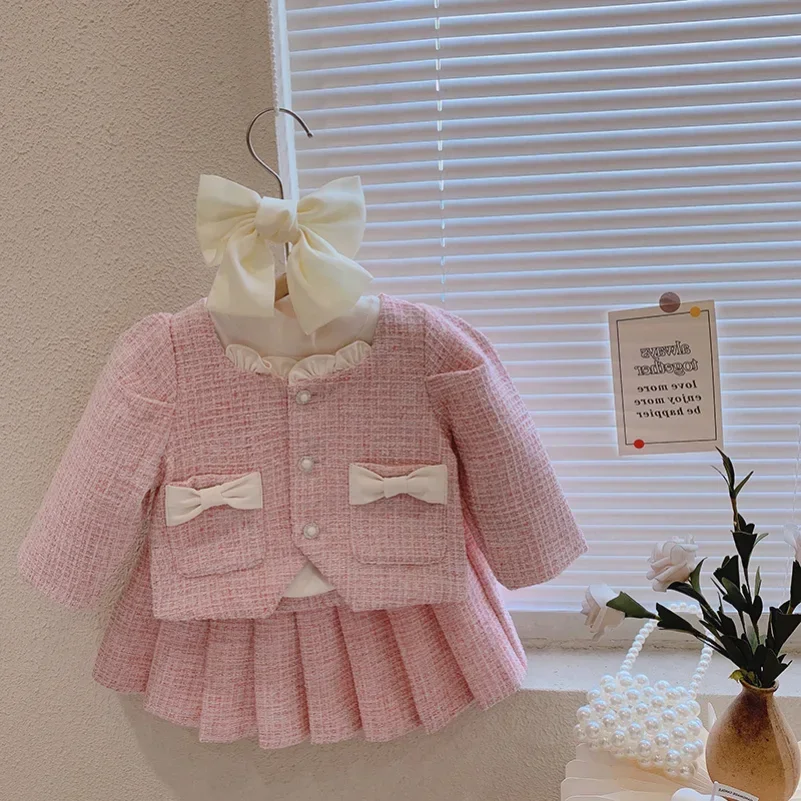 

New Girls' Temperament Clothing Sets Kids' Pocket Long-sleeved Cardigan Button Coat+pleated Skirt 2pcs Princess Clothes Suit
