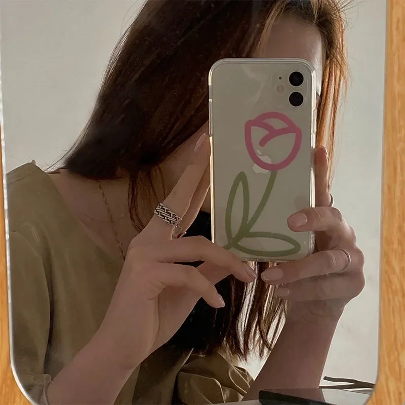 INS Simple Tulip Creative Flower Phone Case For iPhone 16 15 14 13 12 11 Pro Max XR XS Max 78 Plus MINI Y2K Girl Cartoon Cover