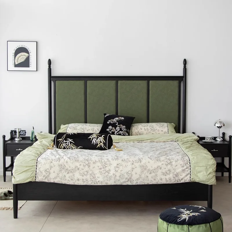 Medieval screen bed, retro fabric bed, master bedroom new Chinese 1.8 meters black antique wood French soft bag bed