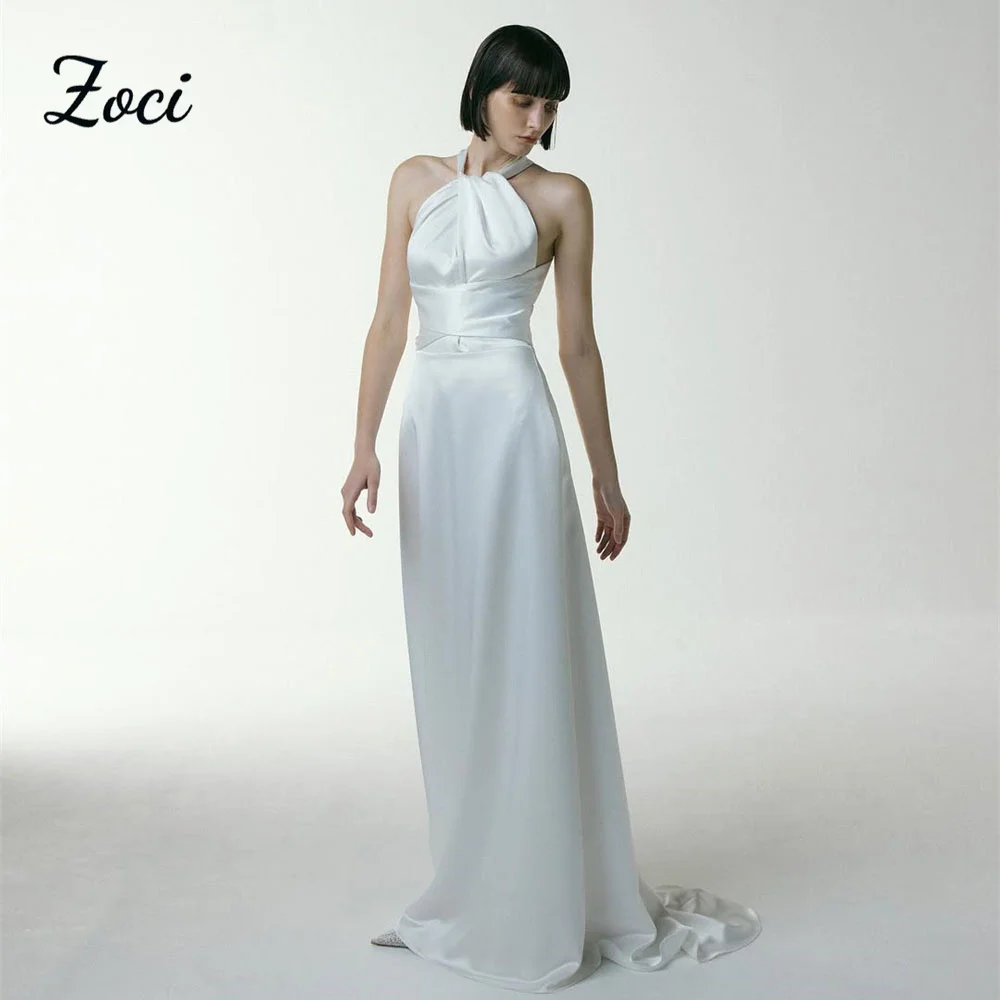 

Zoci Elegant Halter Mermaid Korea Evening Dresses Silk Satin Bride Photos Shoot Dress Customized Long Wedding Reception Dresses