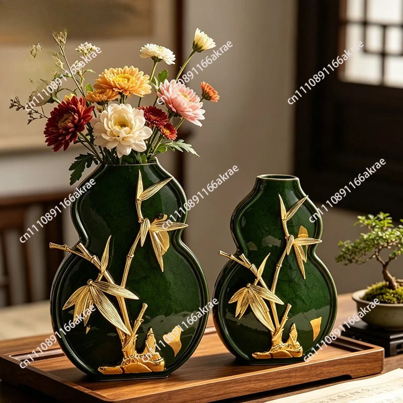 New Chinese creative ceramic gourd art vase living room desktop entrance niche high-end flower arrangement device