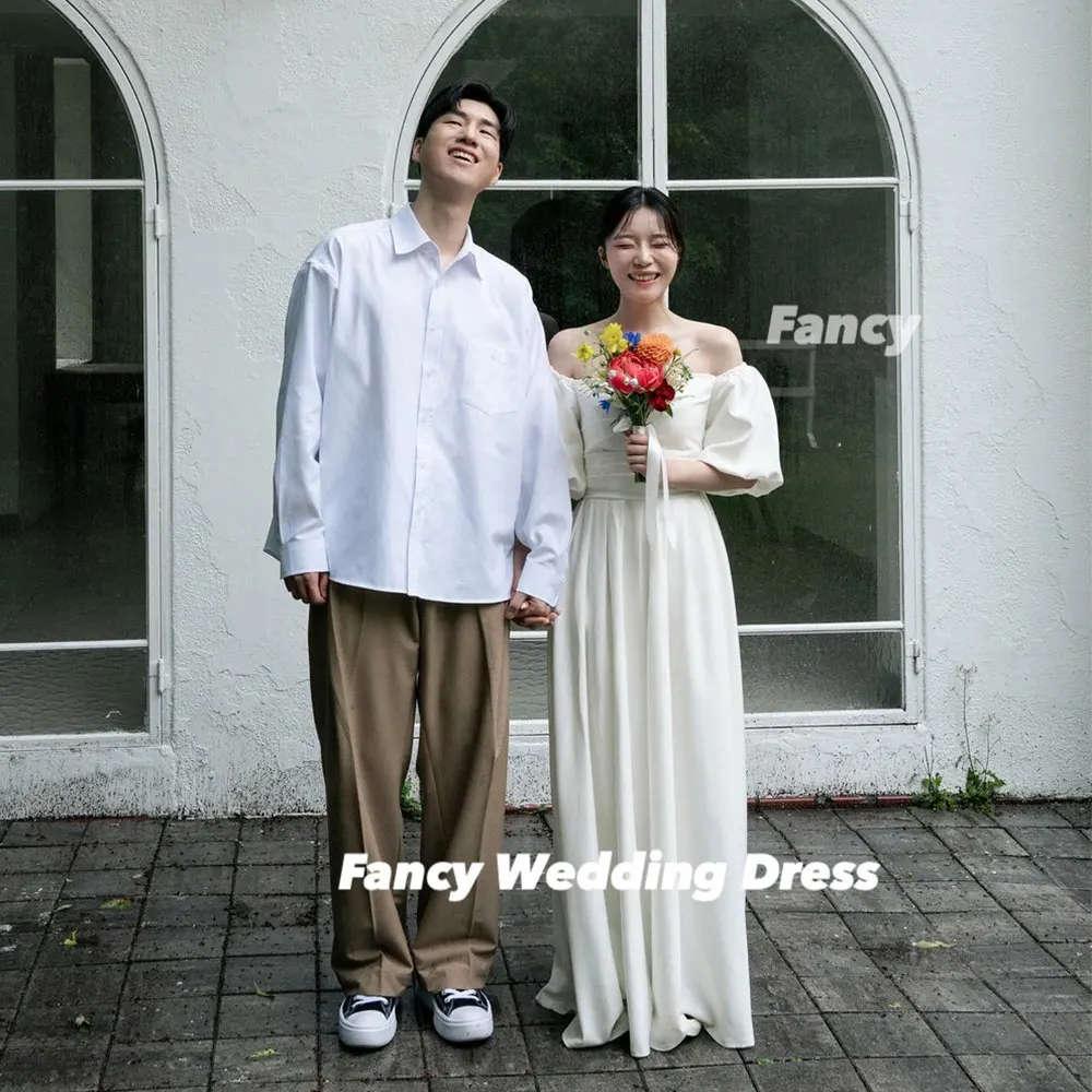 Fancy Simple Off Shoulder Wedding Dress Korea Photo Shoot A Line Soft Satin Evening Dresses Puff Sleeve Back Corset Customized