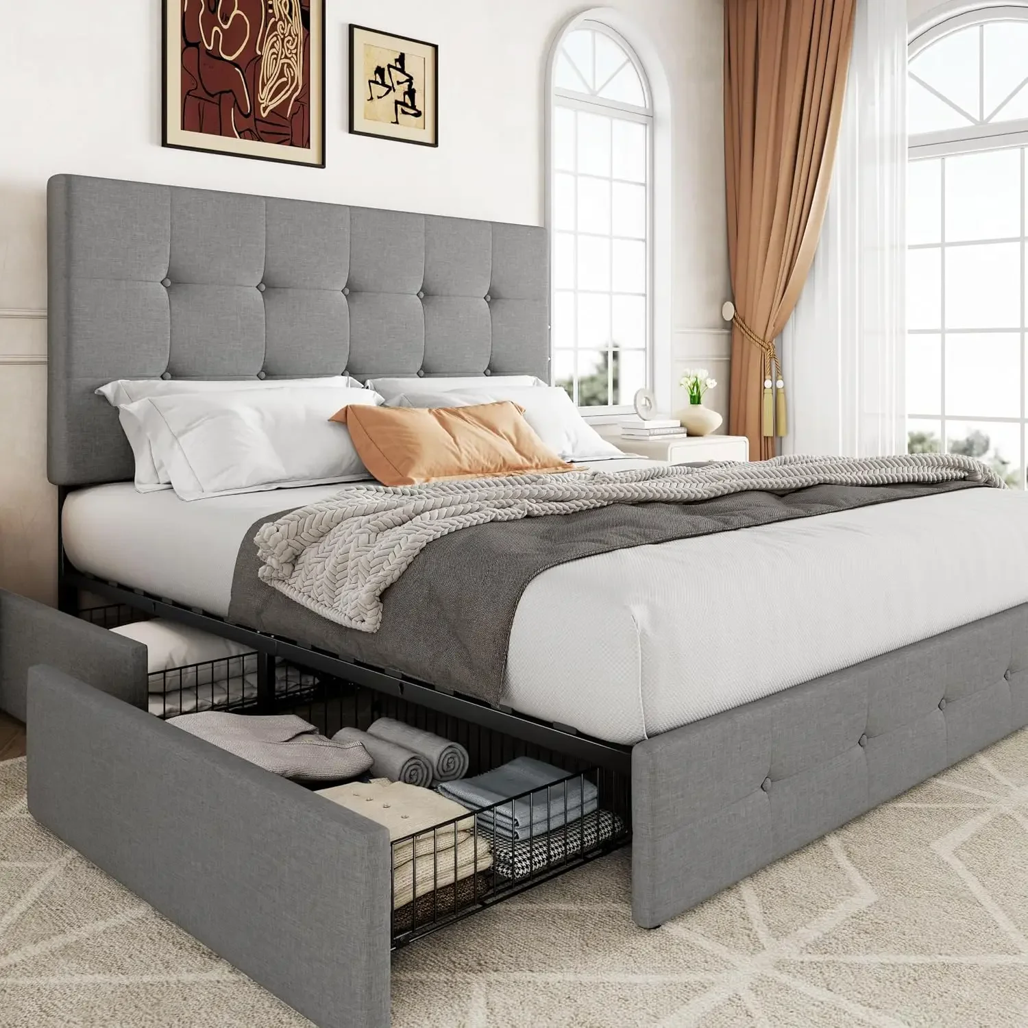 Upholstered Queen Size Platform Bed Frame with 4 Storage Drawers and Headboard, Square Stitched Button Tufted, Mattress