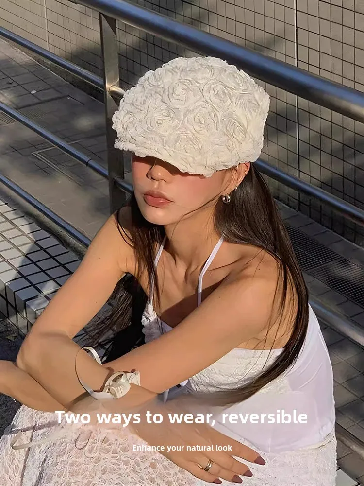 

Rose Flower Beret Hat Women's Face Slimming Large Head Circumference Newsboy Cap Sweet Cute Sle Street Faion Hat