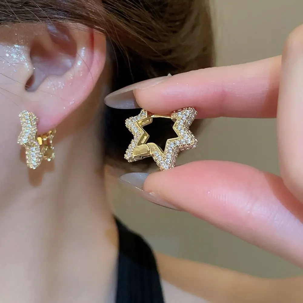 

Korean Style Zircon Star Earrings Alloy Gold Hollow Pentagram Earring Silver Jewelry Accessories Rhinestone Earrings Women