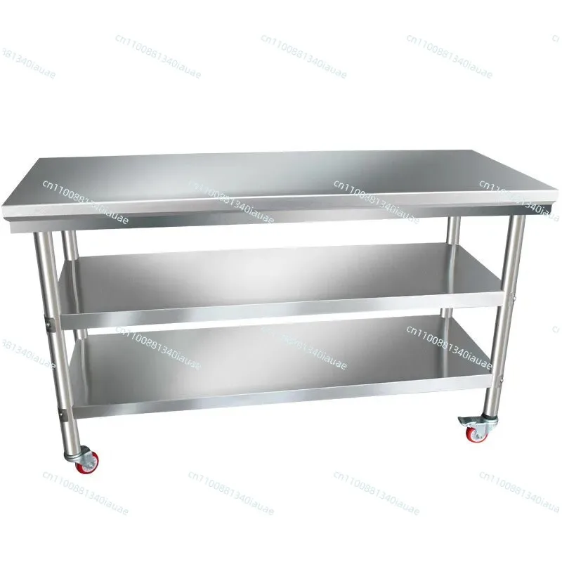

Stainless Steel Double-layer Worktable with Wheels Hotel Kitchen Operation Table Milk Tea Table Packing Table