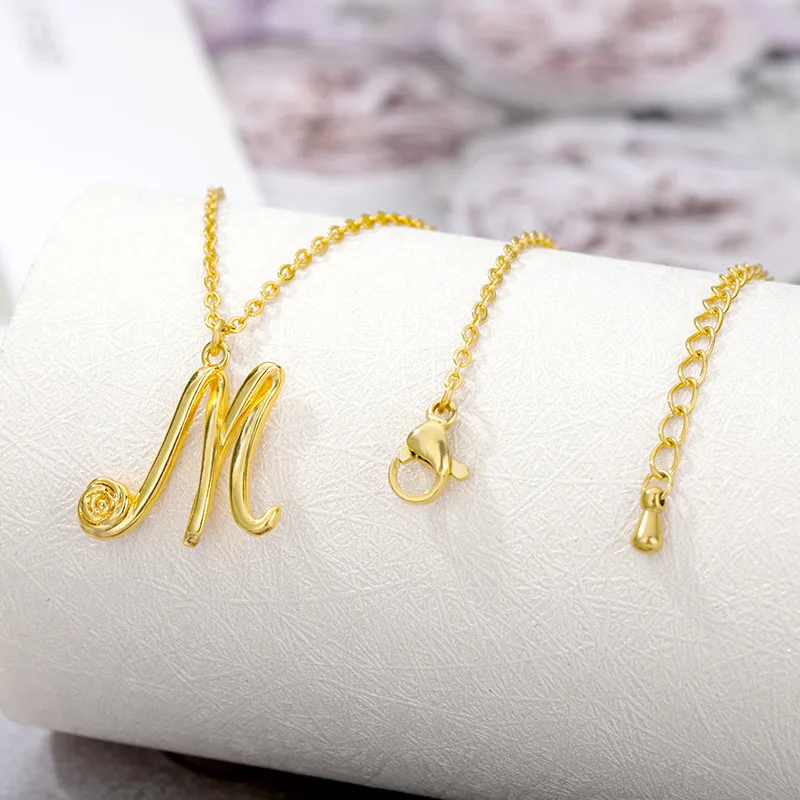 100Pcs New Gold Capital English Letter Necklace Bohemian Style with Rose Pendant Stainless Steel Material for Engagement Gift