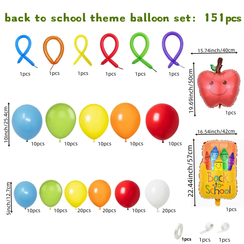 151-Piece Back-To-School Season Balloon Arch Set, Including Rainbow-Colored Latex Balloons, Crayon Box-Shaped and Apple-Shaped Foil Balloons, Suitable for Classroom Decoration, First Day of School, and Welcome Party Decorations