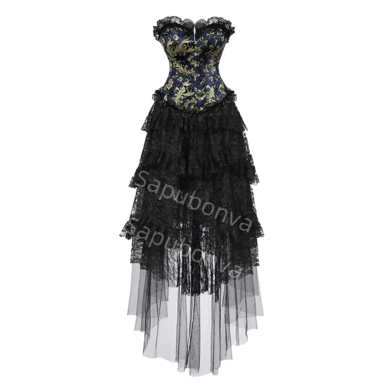 

Corset Dress Costume long skirt Set With Lace Bustier Costume Party Sexy Burlesque Ladies Outfit Plus Size Gothic Halloween