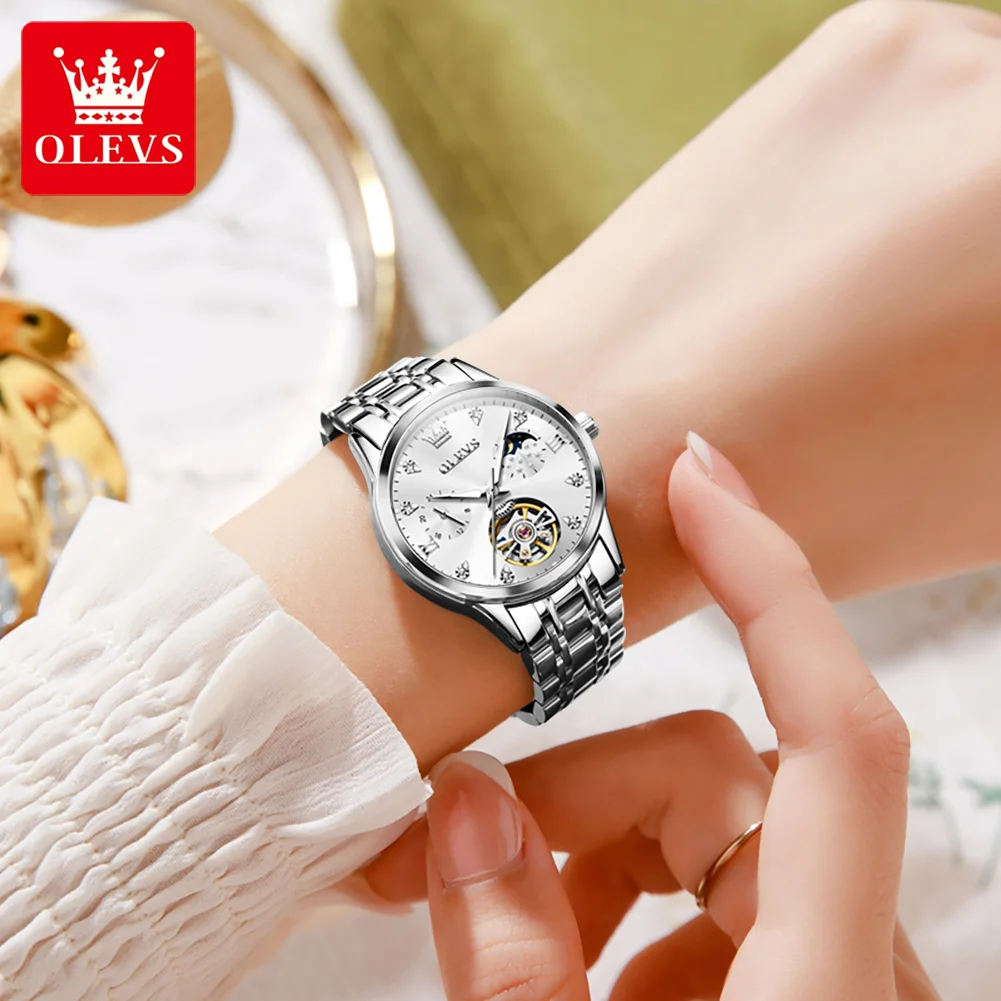 OLEVS 6608 Top Brand Women\'s Watches Elegant Fashion Hollow Out Automatic Mechanical Watch for Lady Waterproof Stainless Steel