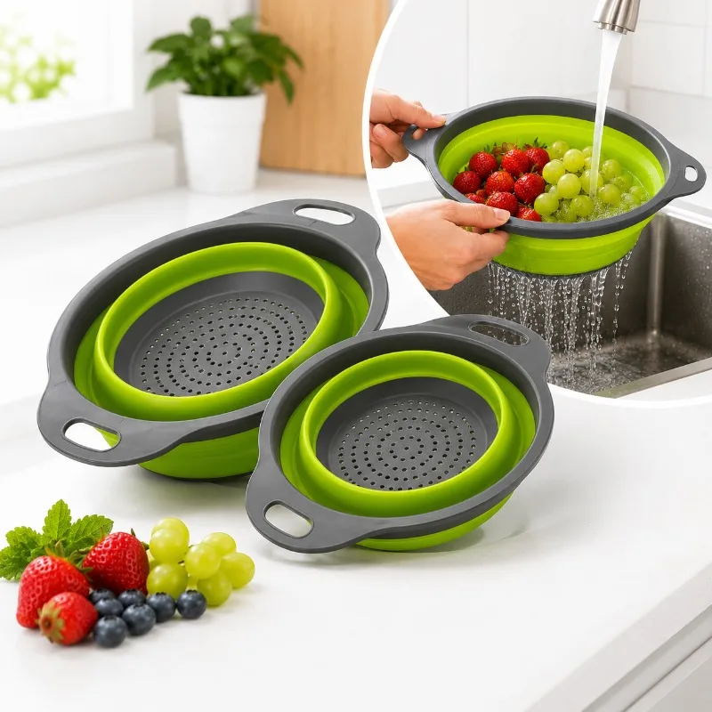 1pcs Fruit Vegetable Washing Basket Foldable Strainer Silicone Colander Dish Collapsible Drainer Filter Kitchen Storage Tool