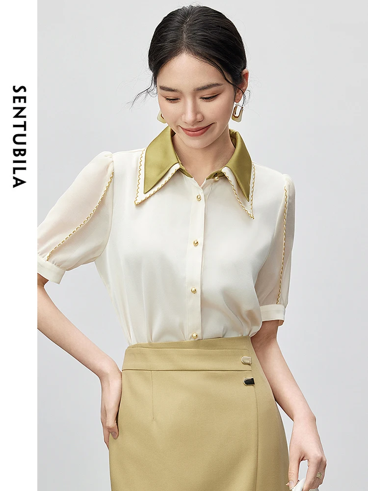 

SENTUBILA Contrast Double Polo Collar Thin Shirt Woman 2024 Summer Simple Straight Button Up Short Sleeve Blouse Women 142C54838