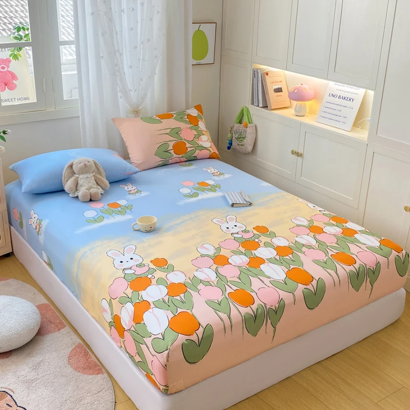 Washed Cotton Cartoon Rabbit Print Elastic Sheet 200X220 Queen Fitted Sheet Non-Slip Bed Cover Children'S Single Sheet 90X200