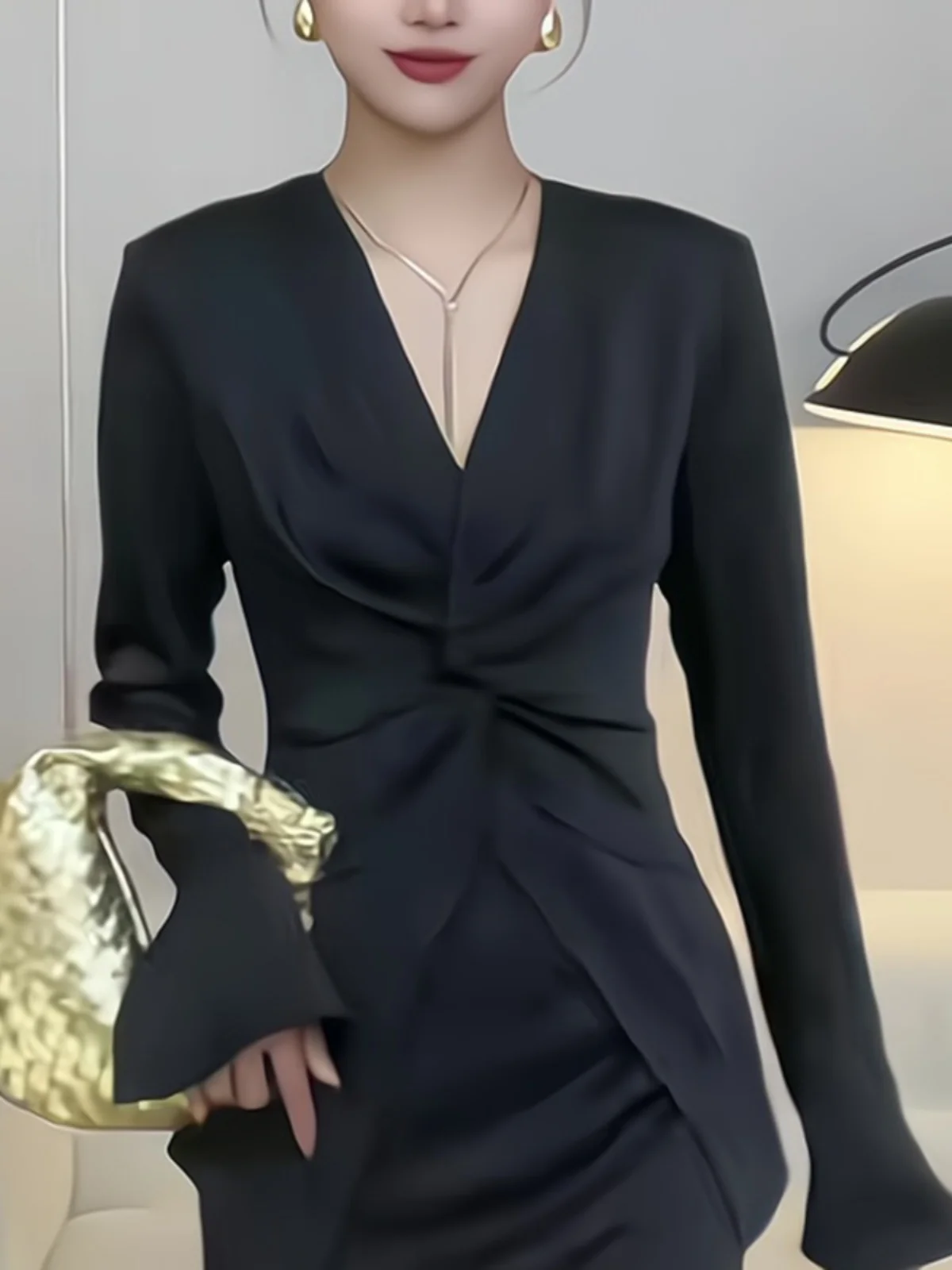 

Ele Bla Long Sve Crew Ne Slim Fit Faionable Luxury High End Sensation Ladylike Sle Commute Wind Korean Version...