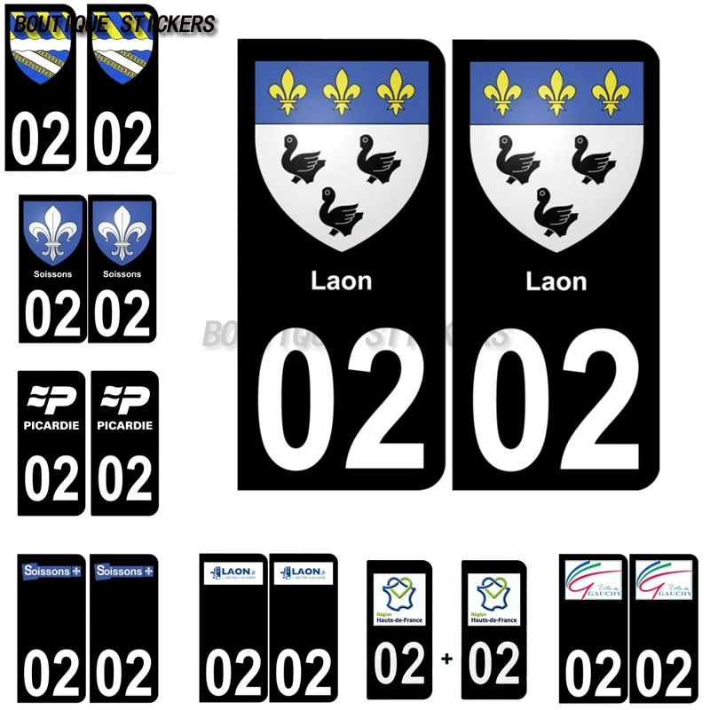 2 exquisite black license plate stickers 02 Aisne plaque blason armoiries Soissons Laon Gauchy Car and waterproof PVC stickers