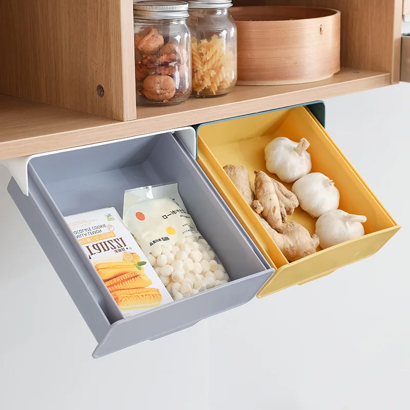 Hidden Hanging Storage Organizer Kitchen Drawer Storage Box Punch-Free Under Table Self-Adhesive Drawer Case Fork Spoon Tray