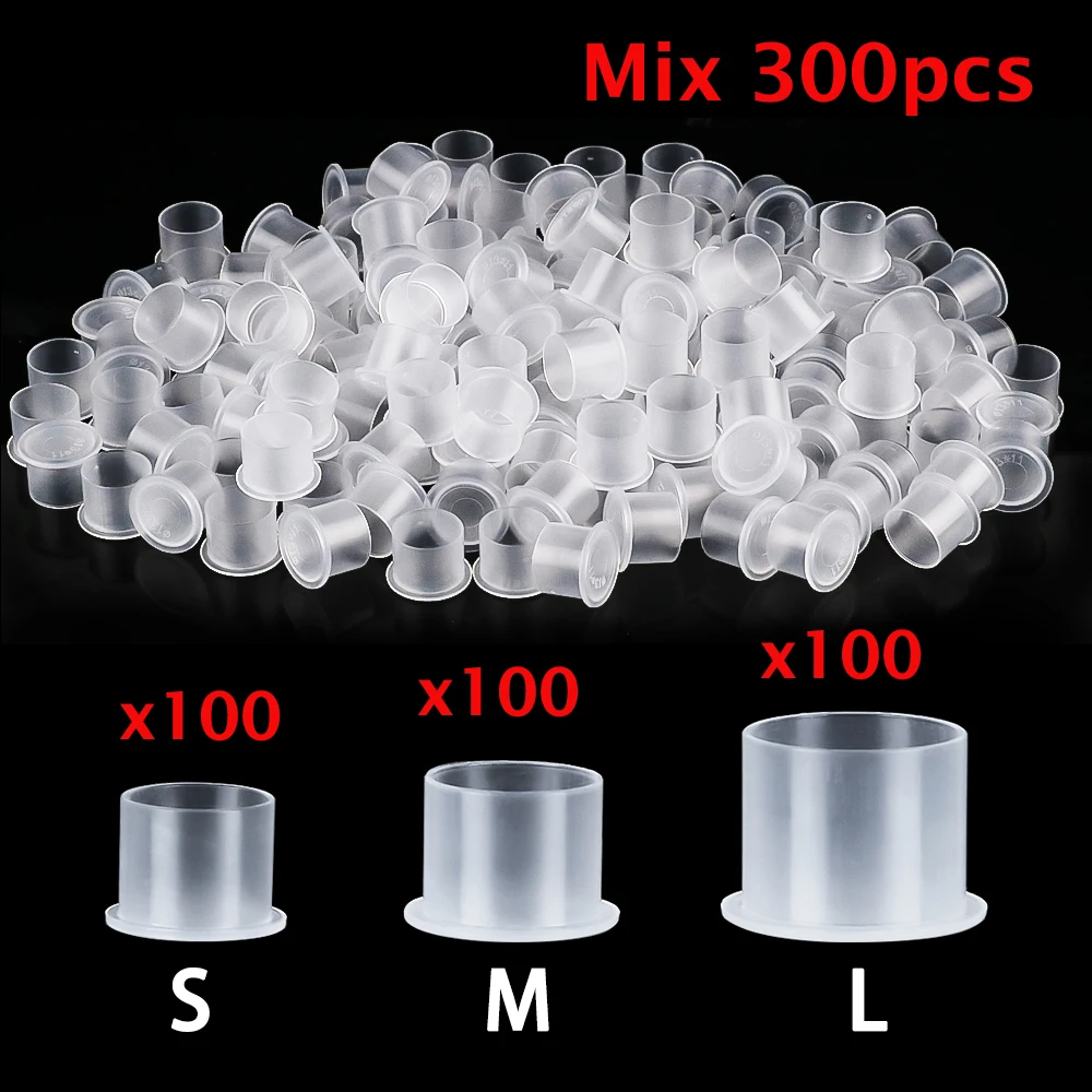 300PCS Disposable Tattoo Ink Caps S/M/L Tattoo Ink Cups with Base Clear Plastic Pigment Permanent Makeup Container