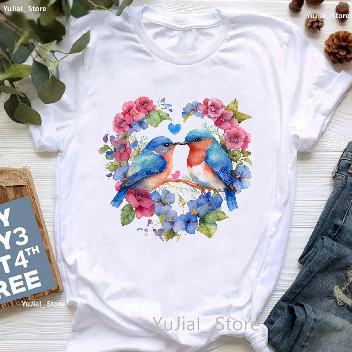 

New Watercolor Cockatiel/Parrot Flowers Love Print T Shirt Women'S Clothing Funny White Tshirt Femme Kawaii Bird T-Shirt Female