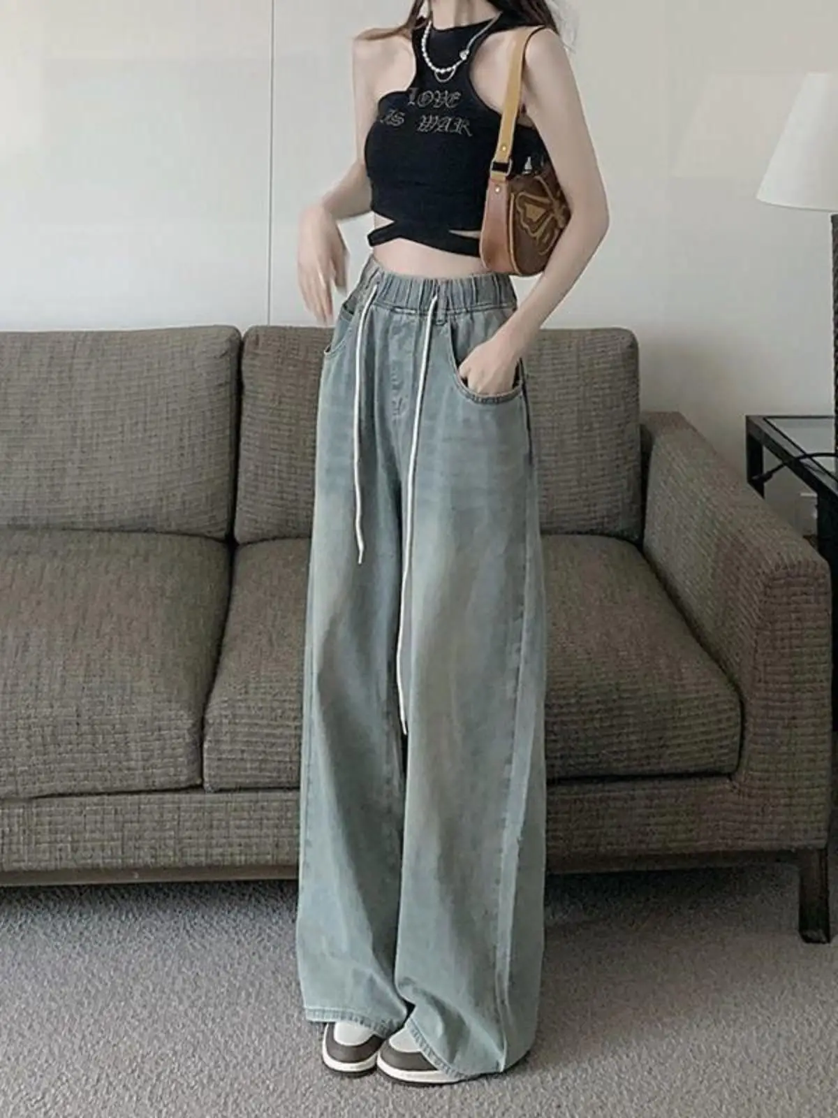 

High Street Vintage Belted Elastic Waist Denim Jeans Women's Spring New Waed Casual Versatile Wide Leg Pants