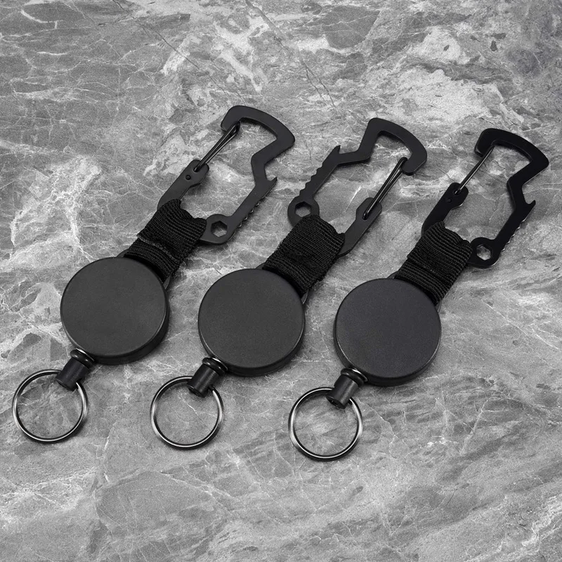 Выдвижной брелок FULL-3 Pack — катушка-держатель бейджа для тяжелых условий эксплуатации с карабином для многофункционального инструмента, брелок для ключей со стальным проводом, шнур T