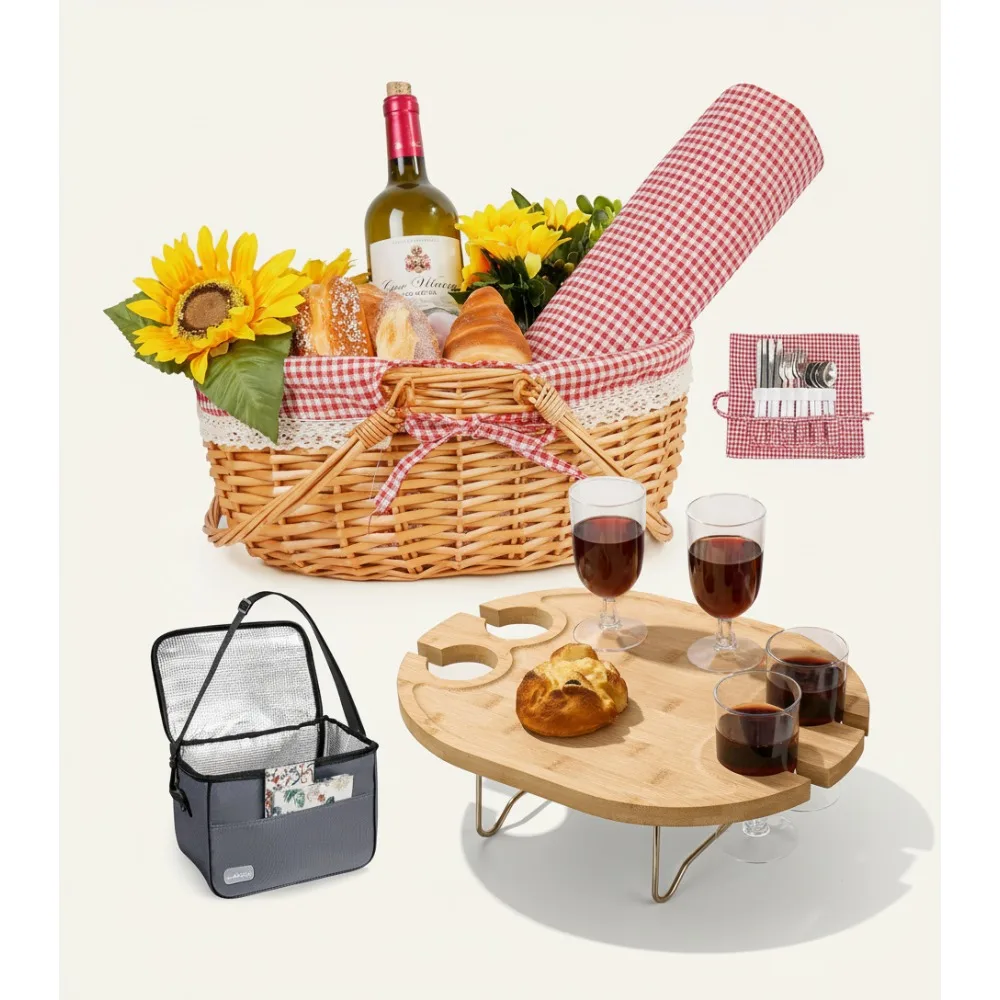 

4-Person Picnic Set with Folding Table & Insulated Cooler - Portable Outdoor Basket for Beach Dates & Wedding Gifts