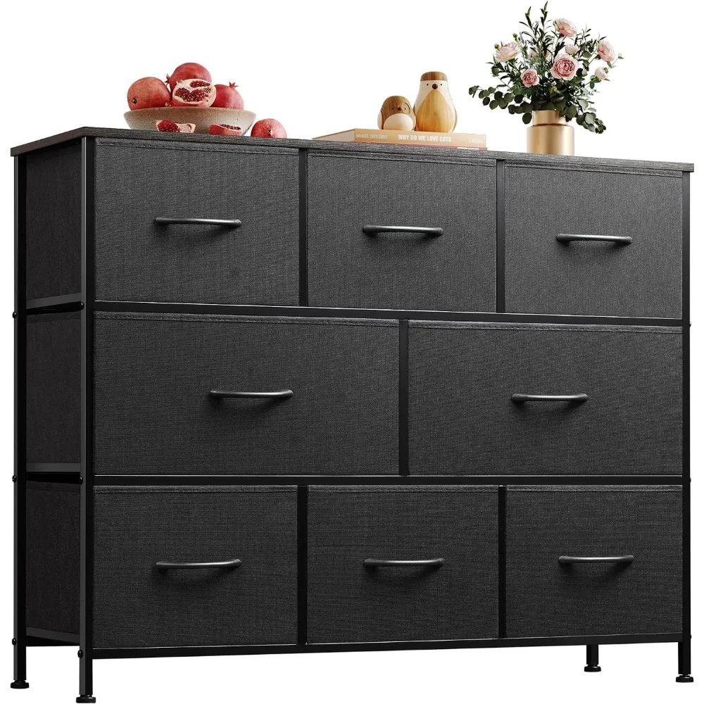 Wide Dresser with 8 Drawers for Bedroom, Charcoal Black, Large Storage, Suitable for Living Room, Sturdy Frame, Smooth Wood Top