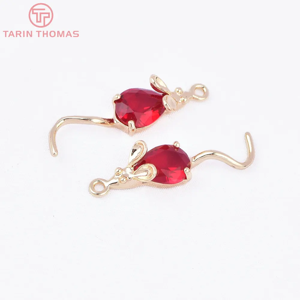 (1041) 4PCS 28x7MM 24K Gold Color Plated with Zircon Mouse Pendants Charms High Quality DIY Jewelry Making Findings Accessories