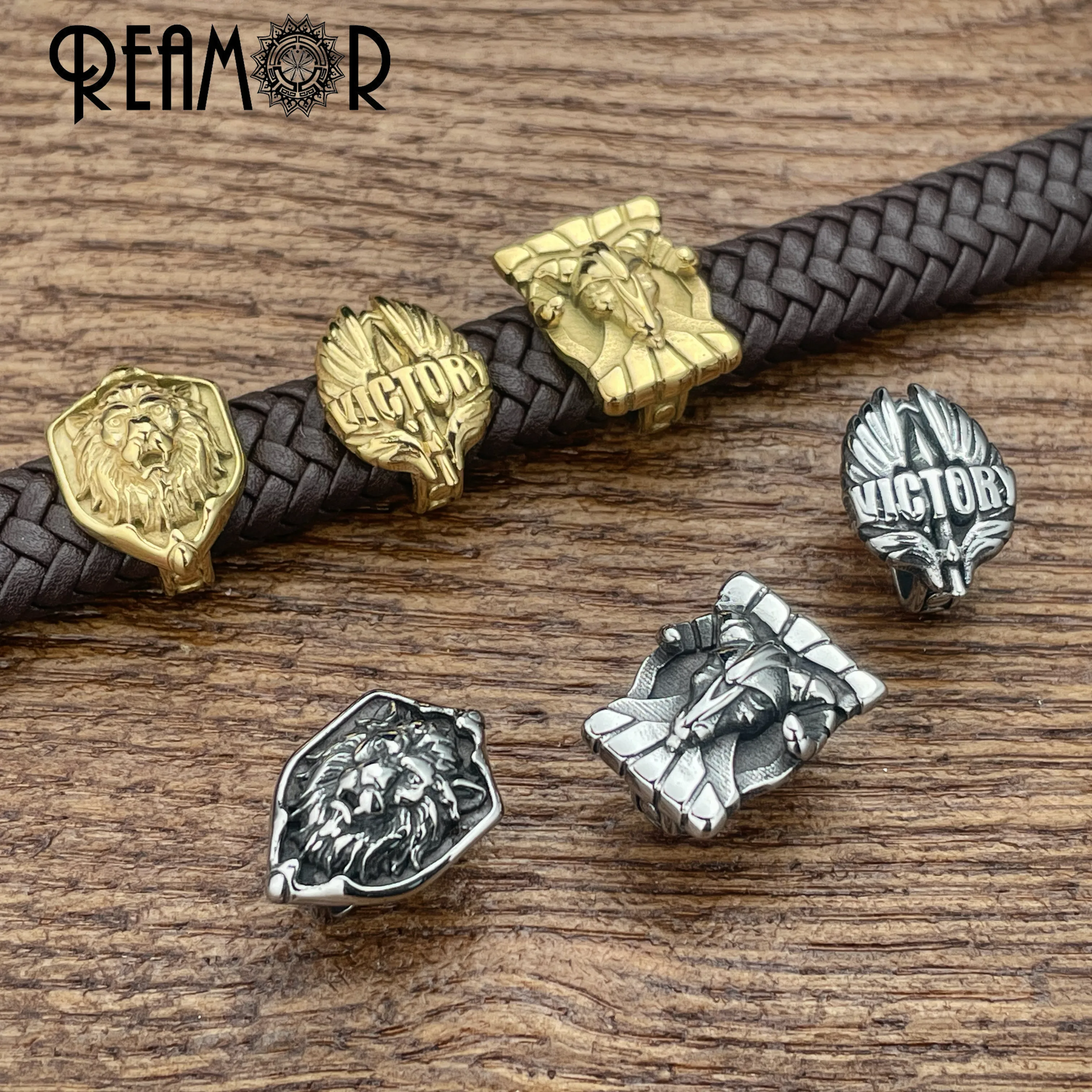 REAMOR 3pcs Stainless Steel Badge Shield Slider Beads Charms For 12*6mm Flat Leather Bracelet DIY Men Punk Jewelry Accessories