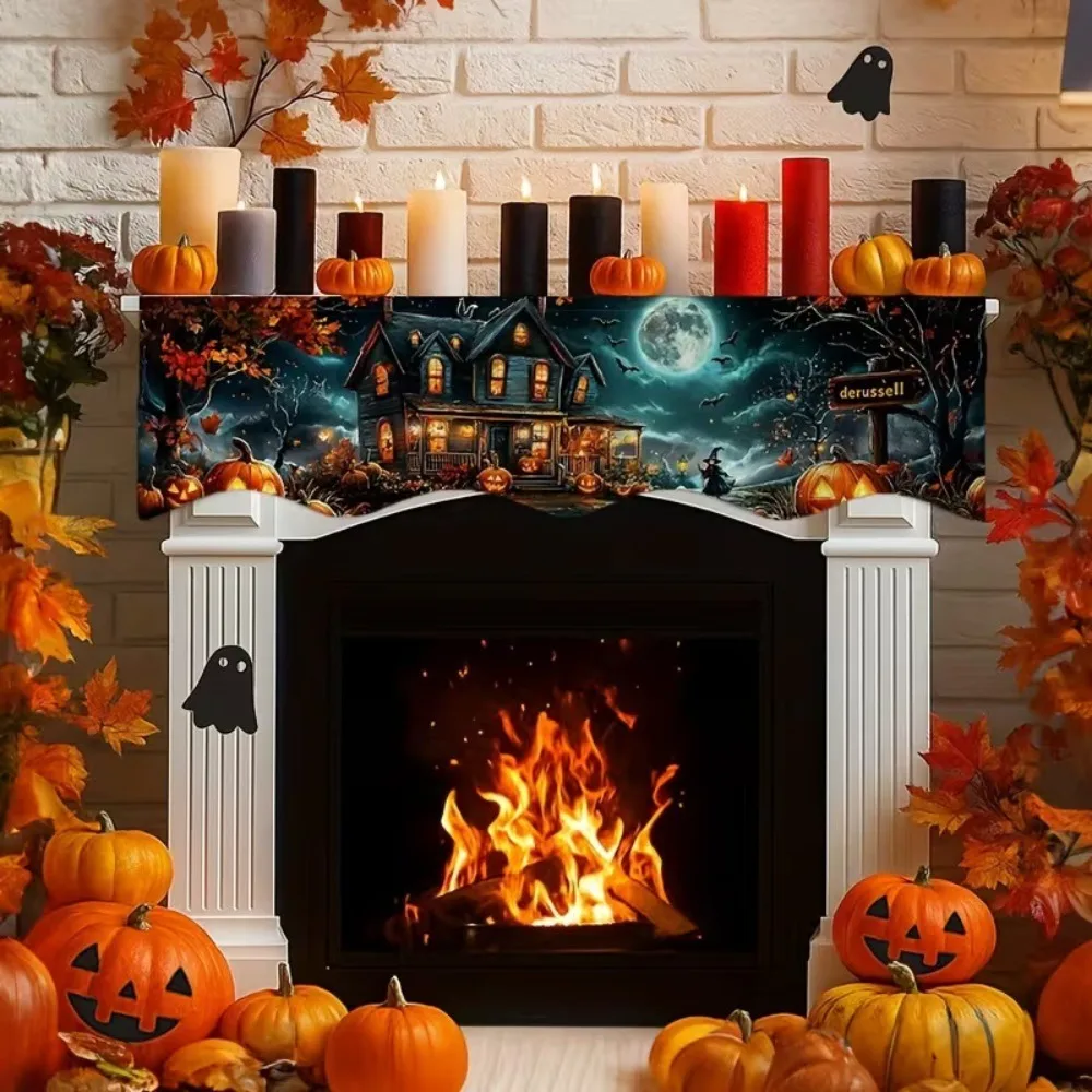 Scalloped Edge Halloween Mantel Scarf Haunted House Autumn Pattern Fireplace Shelf Cover Pumpkin Theme Cute Ghost