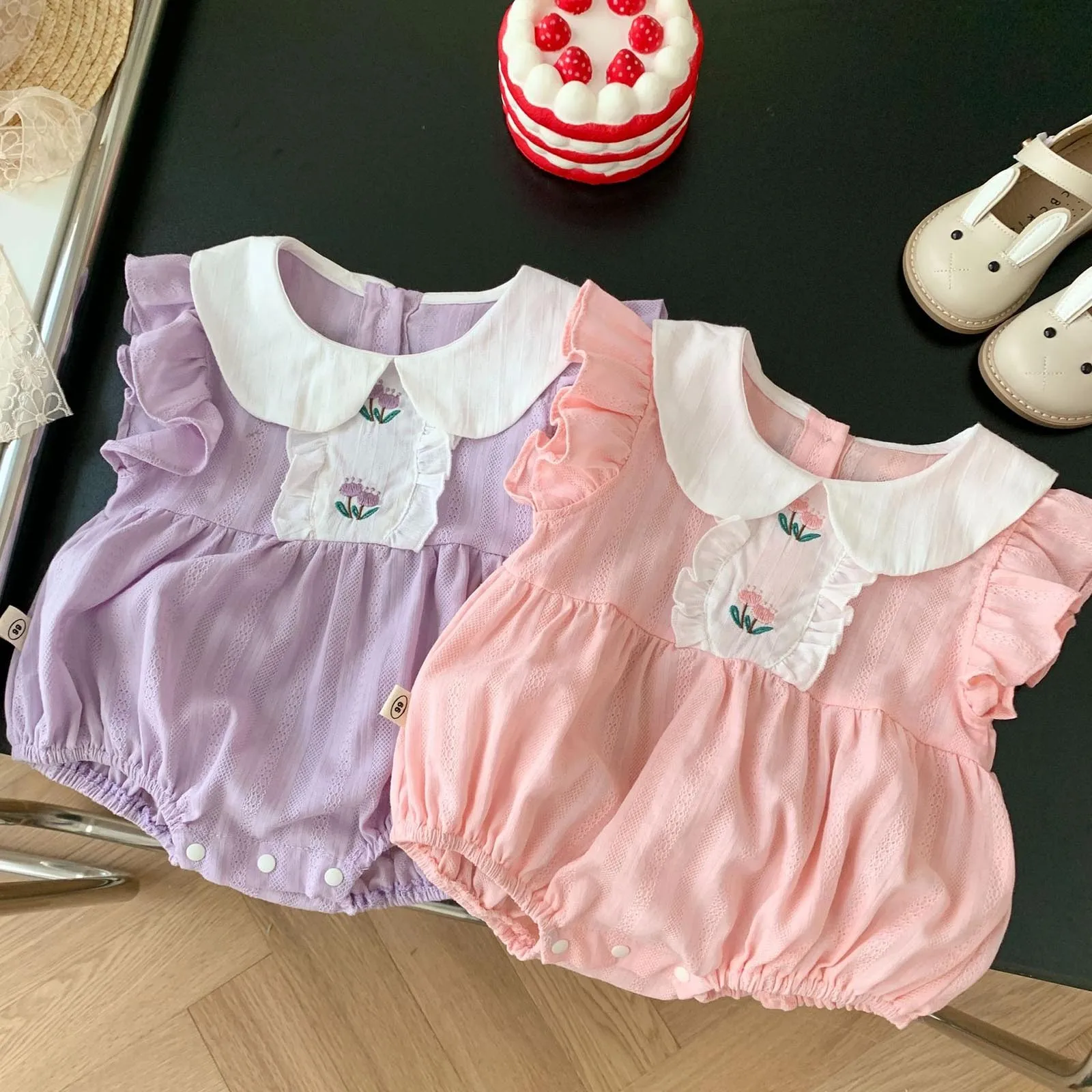 

Newborn Baby Girls Jumpsuit Flying Sleeve Cotton Flower Embroidery Toddler Baby Girl Bodysuits Baby Girls Clothes For Summer