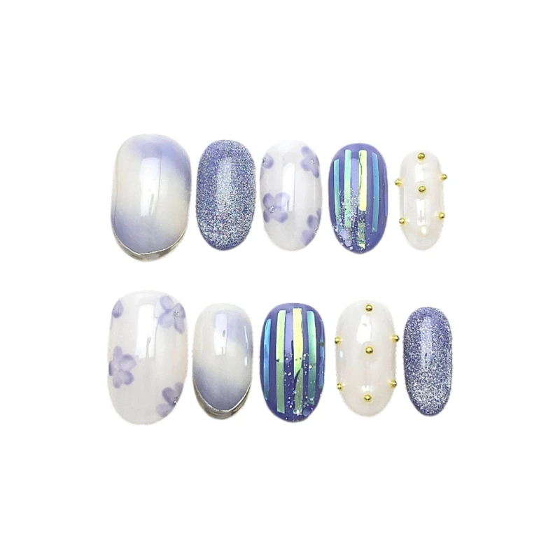 10 piezas francés simple pequeño fresco hecho a mano prensa en uñas flores azules difuminado hielo transparente uñas postizas removibles reutilizables
