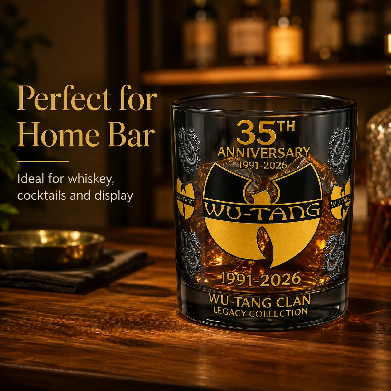 Wu-Tang Clan 35th Anniversary Smoky Black Whiskey Glass Golden Logo Dragon Print Lowball Tumbler Hip Hop Rap Band Legacy