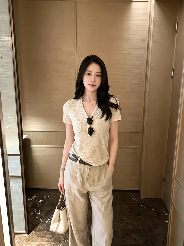 2026 Summer Old Money Style V Neck Knit Short Sleeve T-shirt Women Regular Shoulder Elegant Slim Casual Tops