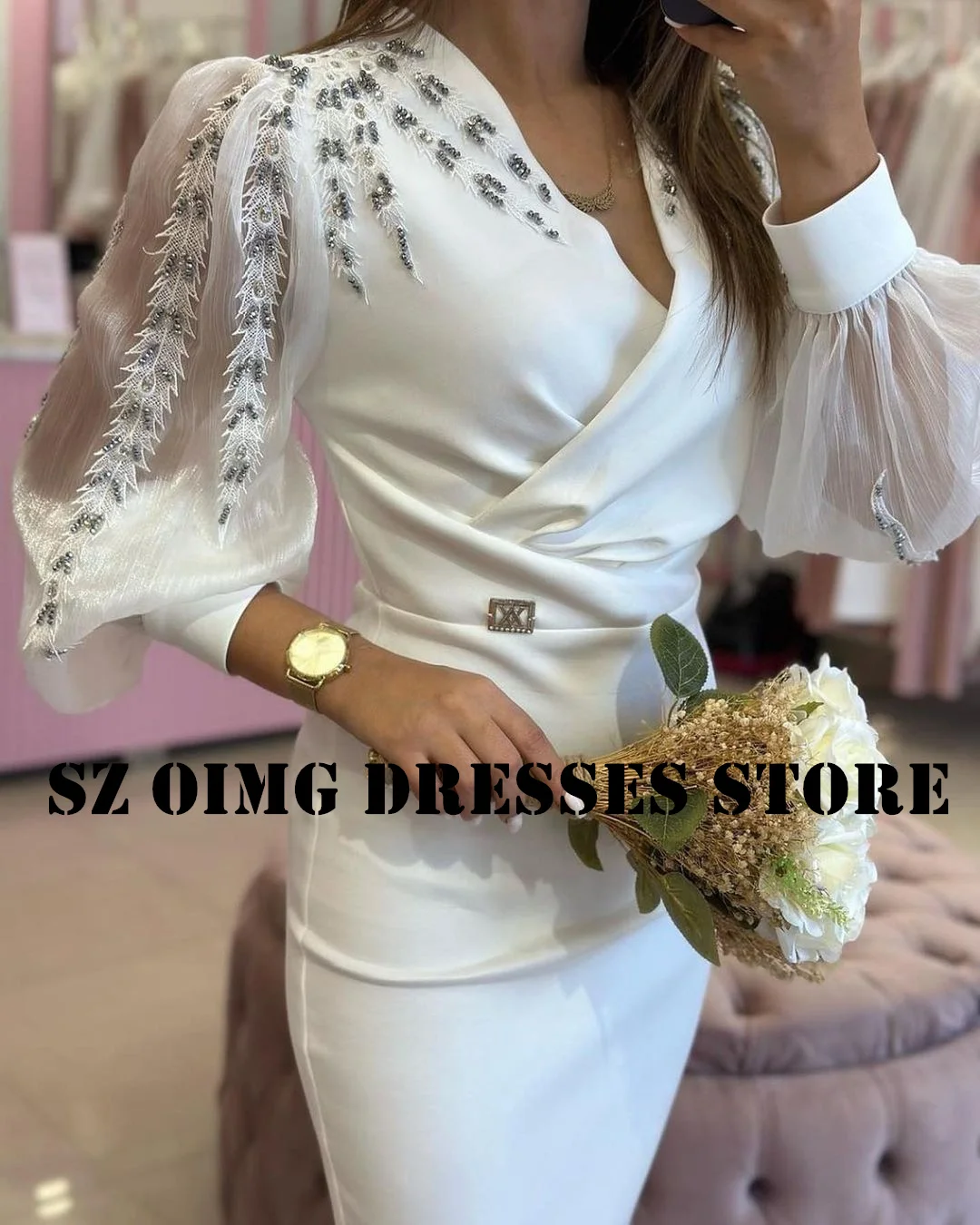 OIMG New Design Satin Beads Prom Dresses Arabic Women Tea Length Sheath Puff Sleeves White  Gowns Formal Party Dress Customized