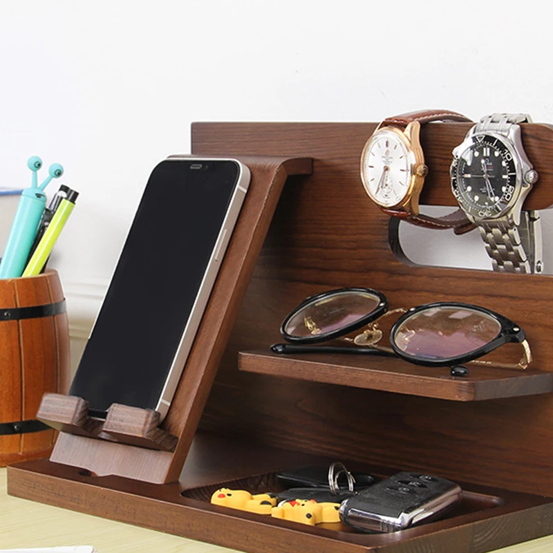 Bedside Organiser Wood Phone Docking Station Key Holder Wallet Stand Watch Organizer Valentines Gifts for Him Wooden Organiser