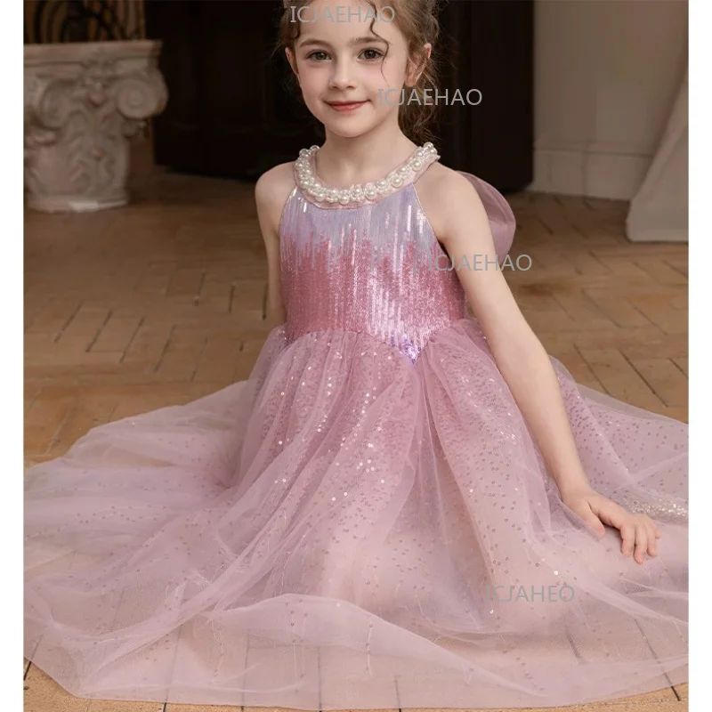 2026 Children Girls Dress New Kids Birthday Fashion Sleeveless Princess Gown Summer Pink Tulle Formal Pageant Costume Party