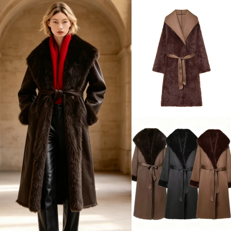 Women's Coat Jacket 2026 Winter New Arrival Faux Fur Collar Tie-Front Long Style Standard Fit Elegant Versatile Chic Trench Coat