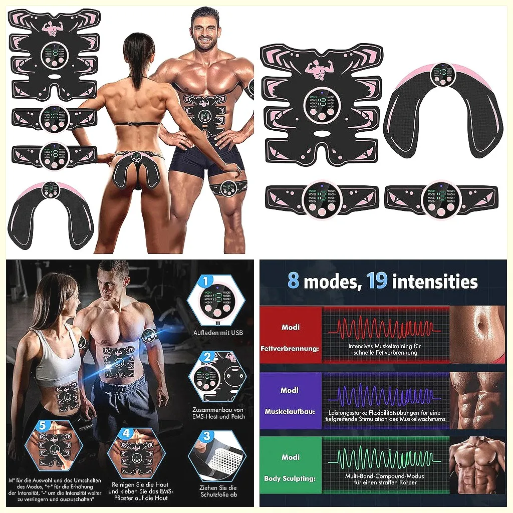 Rechargeable EMS Abdominal Trainer, 8 Modes 19 Programs for Home Abs & Buttocks Workout