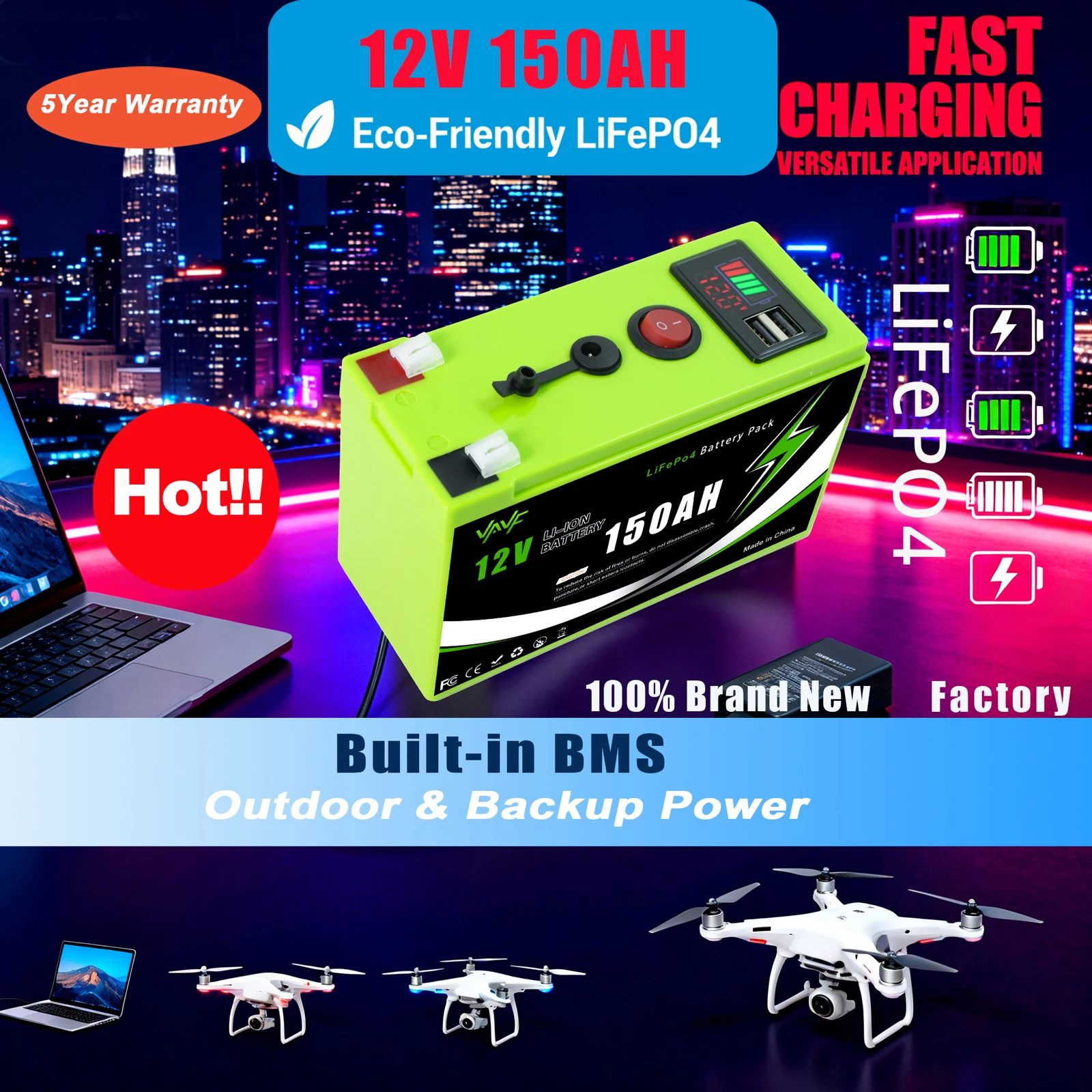 

12V 18650 Battery 150Ah Lithium Battery LiFeP04 with BMS 4000+Cycles Perfect for Solar Fish Finder Power Wheel Boat Home RV
