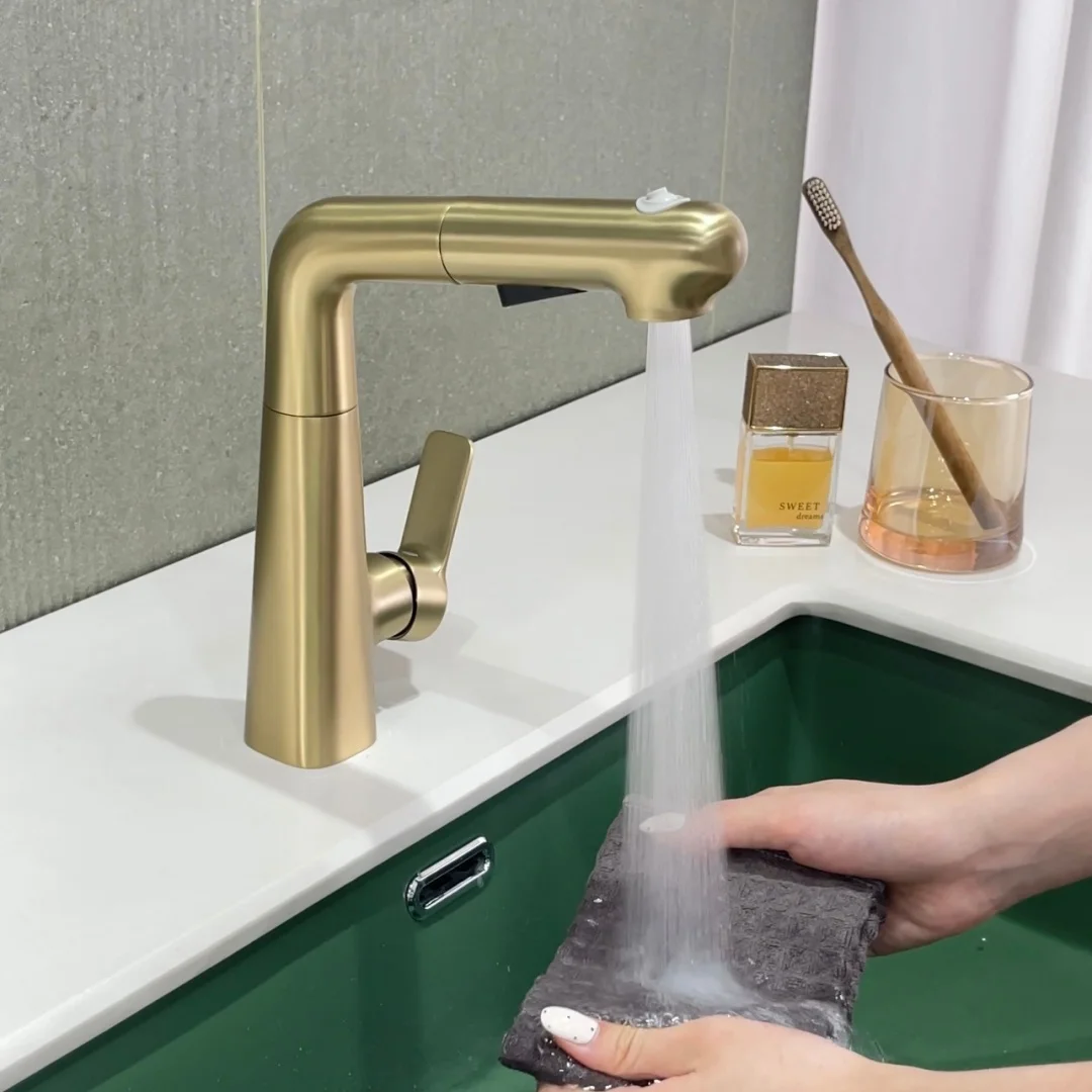 Brushed Gold Pull Out Bathroom Faucet Grey Basin Faucet Hot Cold Sink Faucet Brass  White Lavatory  Sink Water Crane