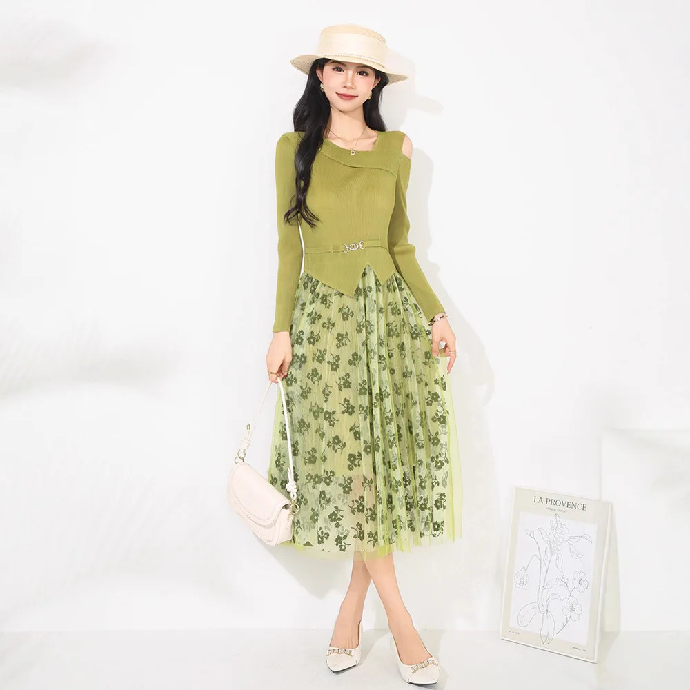 

Miyake Pleated Dress for Women New Loose and Slim Tall Model Draped Spliced Long Sleeve Floral Mesh Pleated Skirt