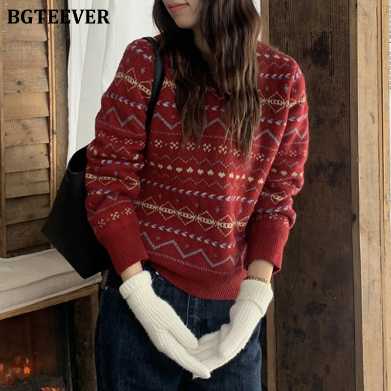 

BGTEEVER Stylish V-neck Loose Female Patchwork Knitted Jacquard Pullovers Autumn Winter Long Sleeve Sweaters Jumpers for Women