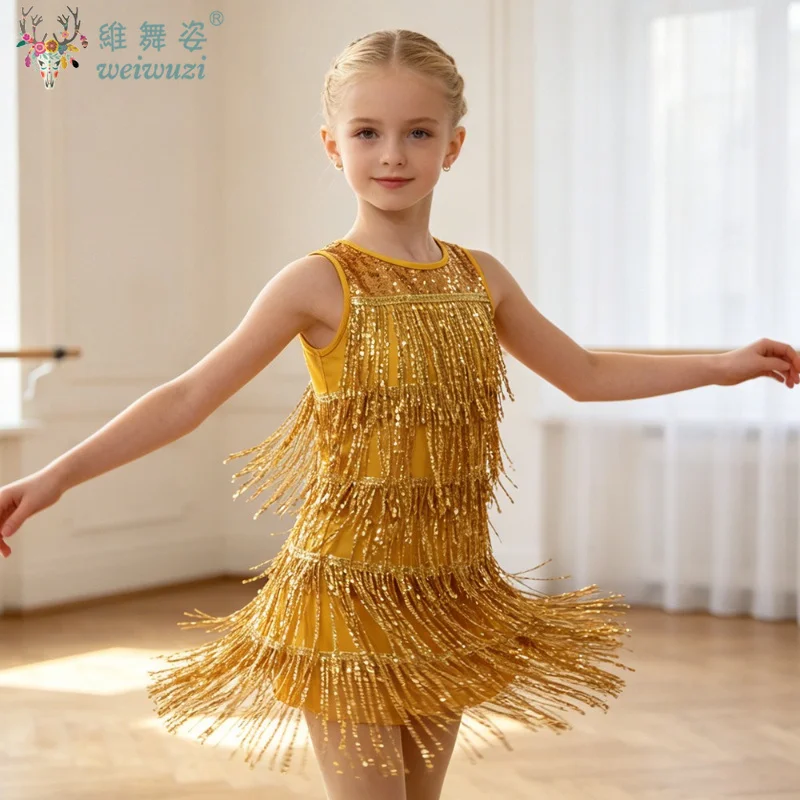 

Latin Dance Shiny Sequins Outfit Tassel Dress Tango ChaCha Samba Performance Costumes for Children's Latin Competition Clothing