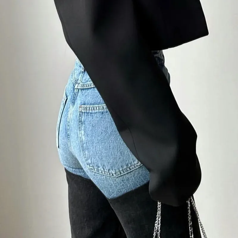 ANJY 2025 Wiosna Jesień Nowe Damskie Modne Jeansy Proste z Blokami Kolorów i Patchworkiem, Styl Uliczny, Casualowe, Postarzane Spodnie Denimowe A15988