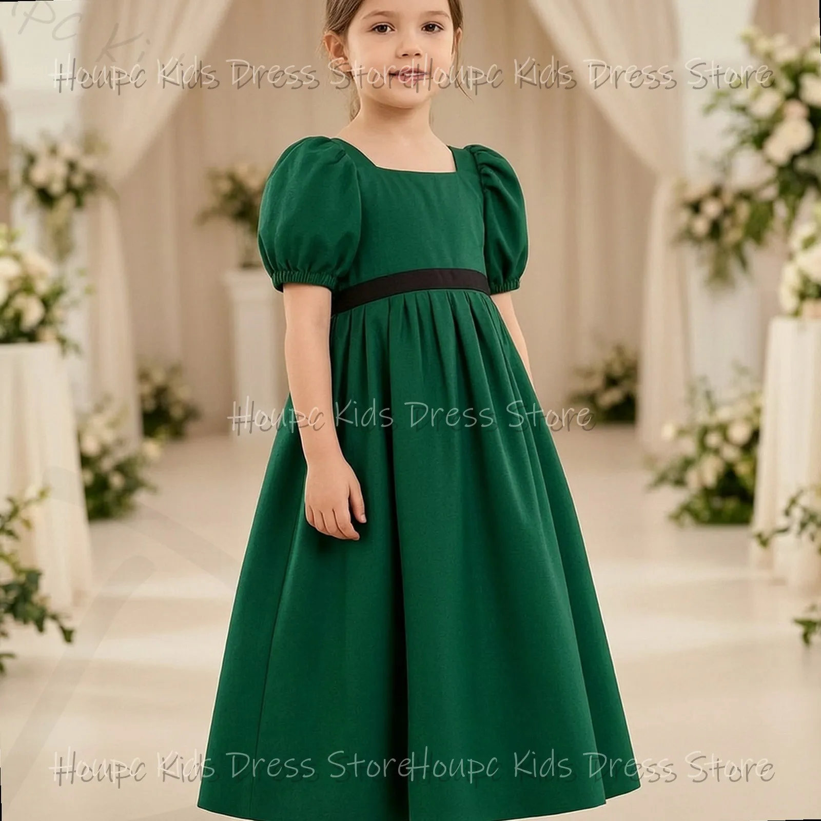 Elegant Solid Green Polyester Dress with Puff Sleeves and Velvet Waistband Wedding Birthday Party Custom Flower Girl Dresses