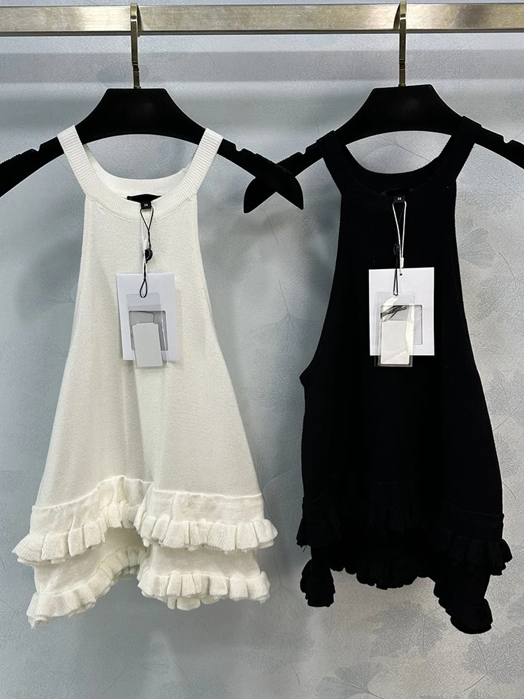 Fashion Designer Summer White Color Long Style Camisole Women's Loose Sleeveless Cascading Flounces Hem Tops