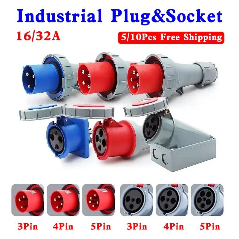 

5/10 Pcs Industrial Plug&Socket Male&Female Electrical Connector 3PIN 4PIN 5PIN 16A/32A Wall Mount Plug Panel Mounted Coupler