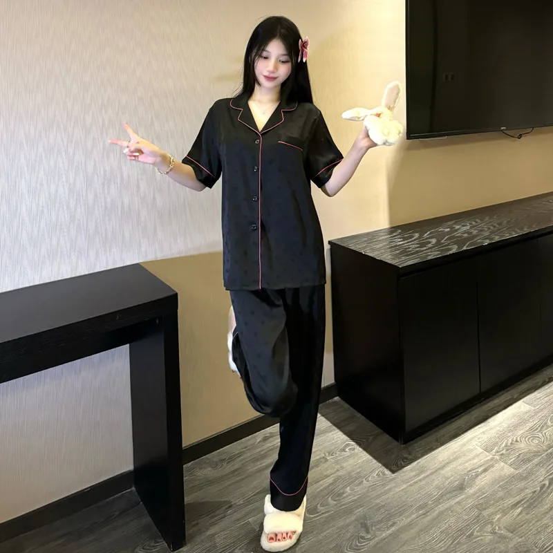 

Temperament Summer Luxury Elegant Ice Silk Pajamas Women Jacquard High-grade Short-sleeved Trousers High Quality Pyjamas Sets