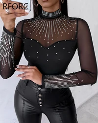 2023 Women Sexy Solid Long Sleeves Contrast Mesh Patch Rhinestone Decor Bodysuits