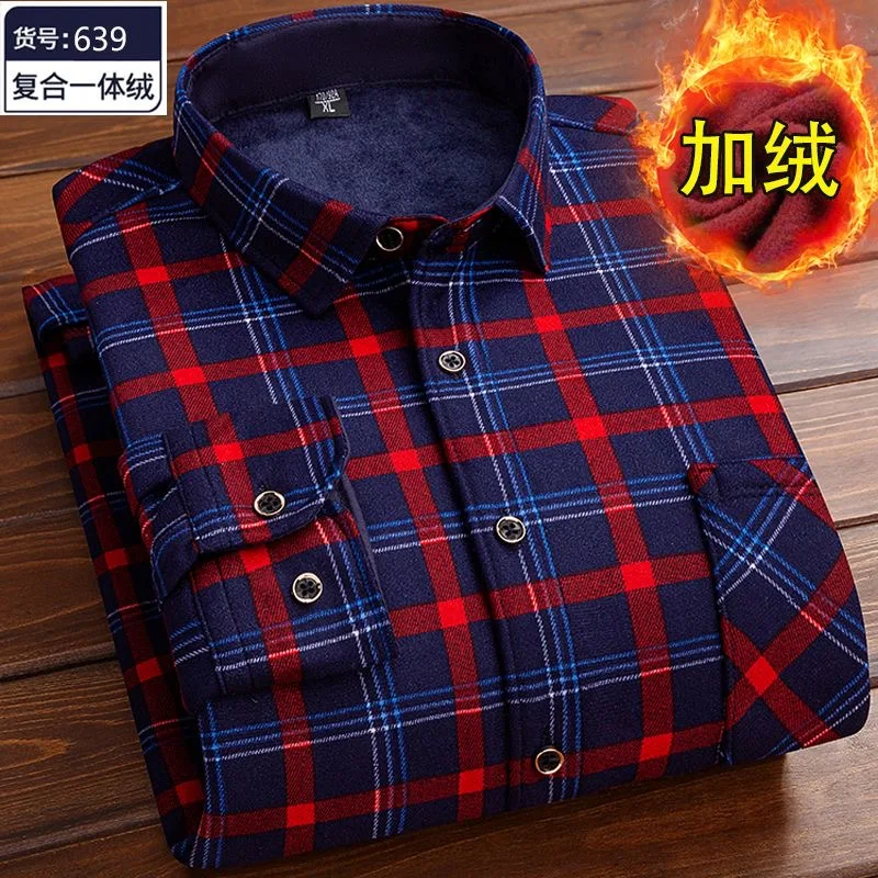 2023 Autumn and Winter New Fashion Trend Plaid Long-Sleeved Shirt Men\'s Casual Comfort Plus Fleece Thick Warm Large Size Shirt